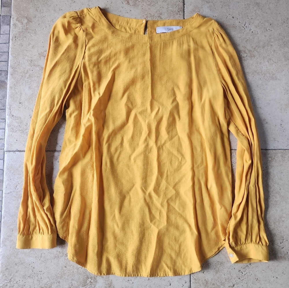 LOFT Yellow Long Sleeve Pleated-Sleeve Blouse